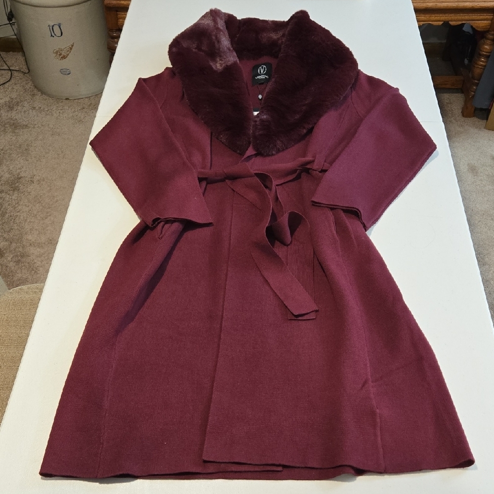 VERTIGO PARIS Burgundy Sweater Coat with Faux Fur Collar, Size XL, NWT